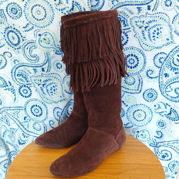 Gianni Bini Shoes - Vintage Gianni Bini Boots Dark Brown Suede Leather Fringe 9M Low Brazil Hippie